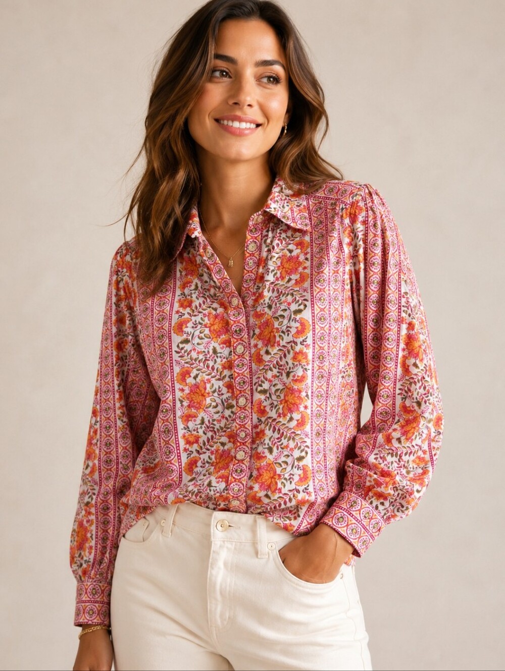Lucky Brand boho westernfloral blouse shirt featuring a vibrant pink, orange